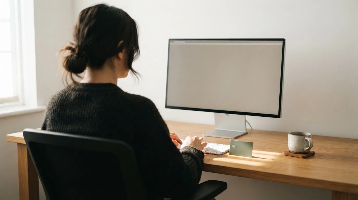 Une personne assise devant un ordinateur, carte bancaire posée à côté du clavier, en réflexion
